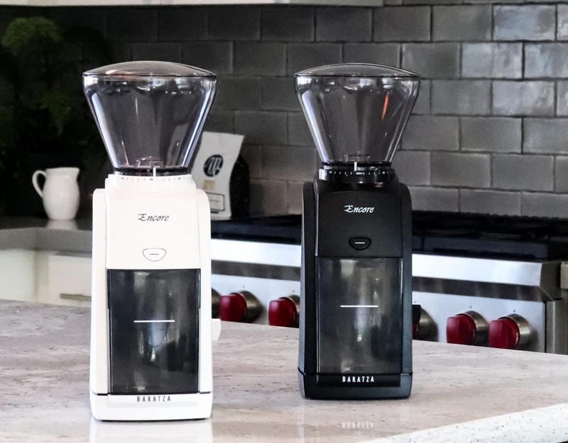 Image of the Baratza Encore electric home coffee grinder, showing off the available options including the new White Baratza Encore coffee grinder.